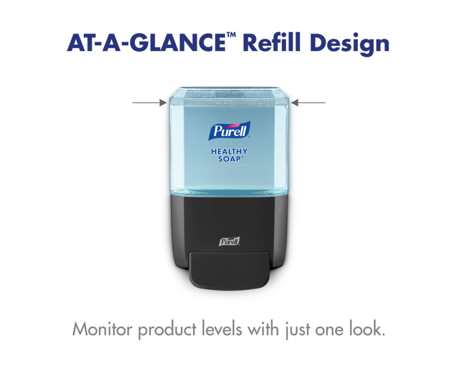 A wall-mounted soap dispenser with a transparent refill container and text highlighting easy monitoring of product levels. PURELL® ES4 Graphite Soap Dispenser (1200 ml., 1 Dispenser/Case)